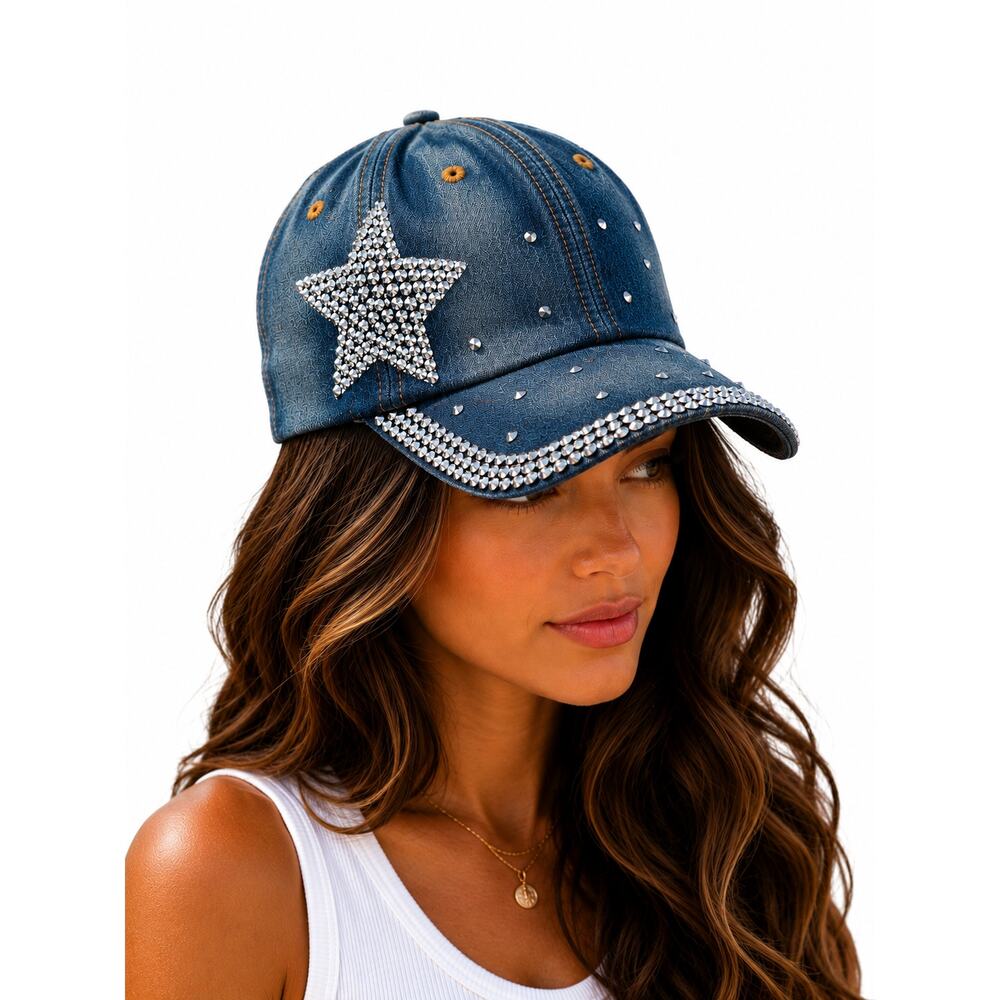 Rhinestone Star Denim Baseball Cap Bling Studded Y2K Adjustable Hat